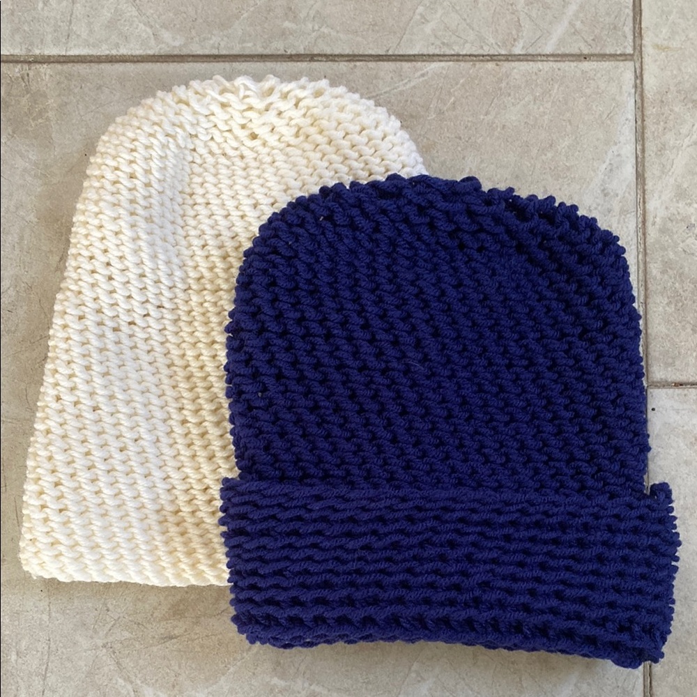 Set of 2 Handmade Crochet Beanie Hats Navy/White
